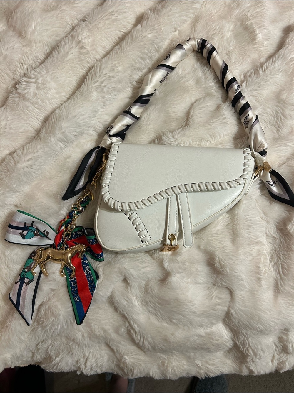 White Women's Shoulder Bag with Braided Trim